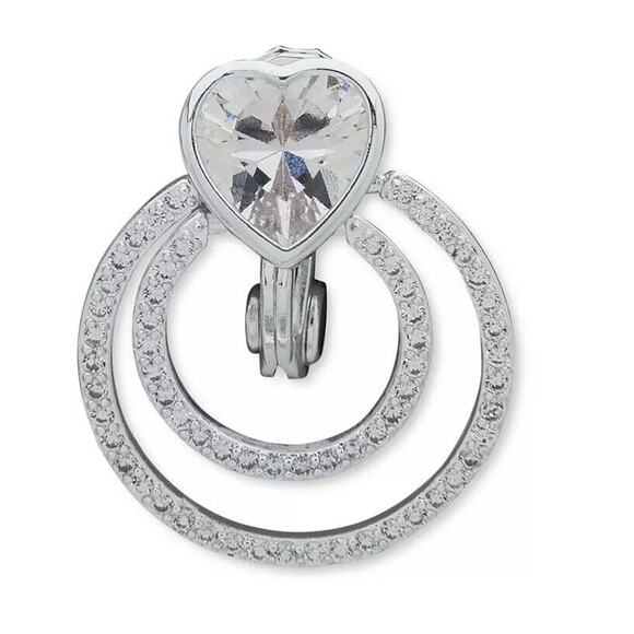 Anne Klein Silver Tone CZ Heart Clip On Earrings EZ Comfort Doorknocker Style - Picture 2 of 4